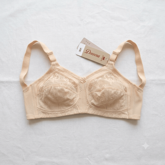 Beige Galaxy Doreena Non-Padded Wired Lace Bra full coverage - Nudra Pakistan