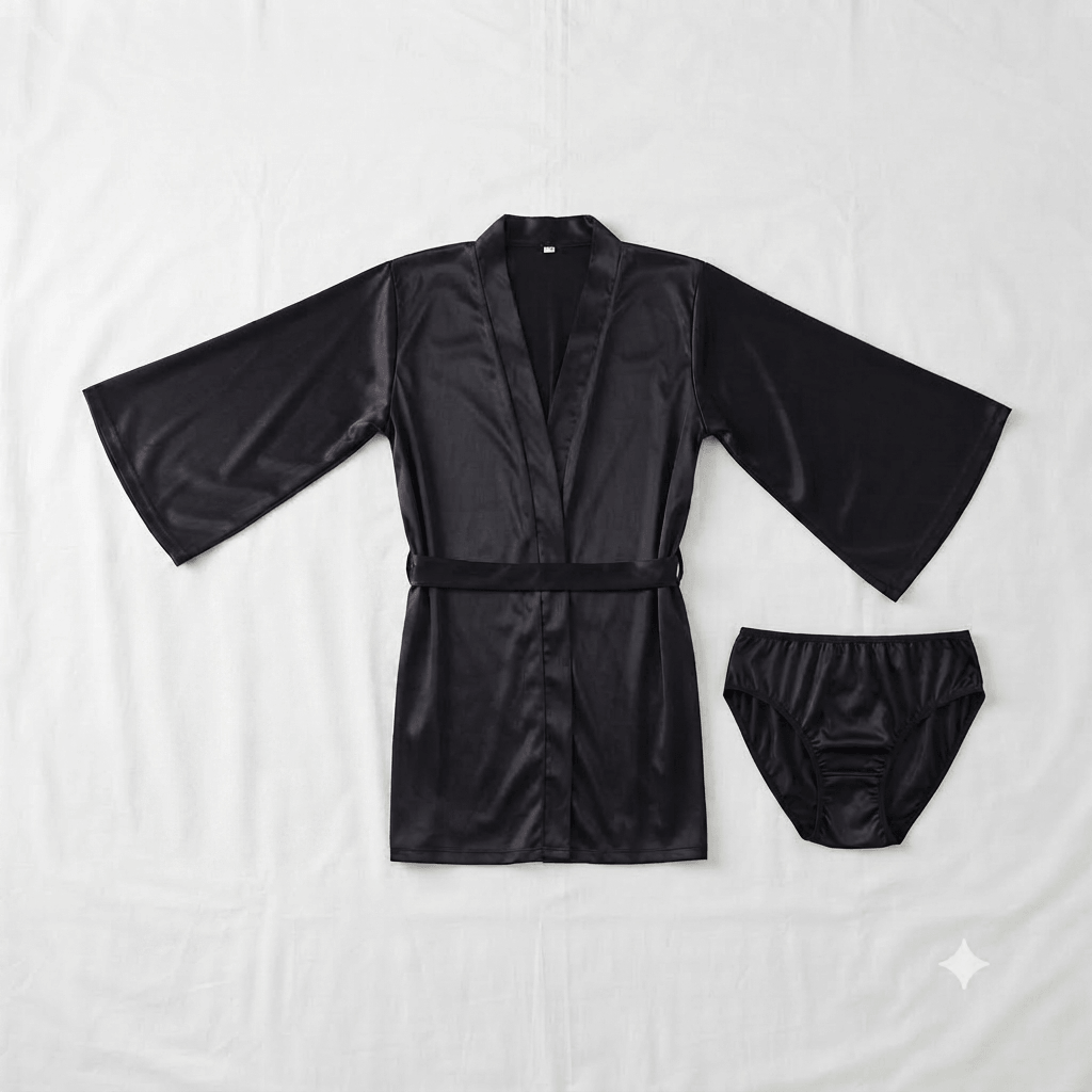 Black Two Hearts Satin Kimono Robe Lace Panty Set styled photo - Nudra Pakistan