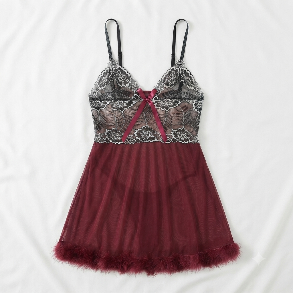 Nudra Lace Babydoll Nightdress — Sheer Mesh & Feather Hem