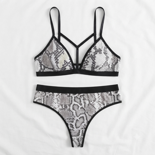 Lunna Lace Snake Print Strappy Bra & Thong Set
