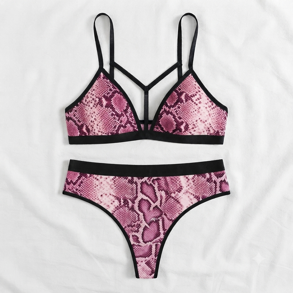 Dark Snake Print Strappy Bra & Thong Set