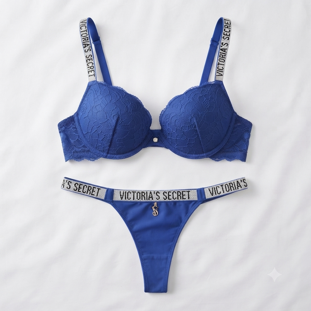 Victoria's Secret Style Lace Push-Up Bra & Thong Set — Rhinestone Strap