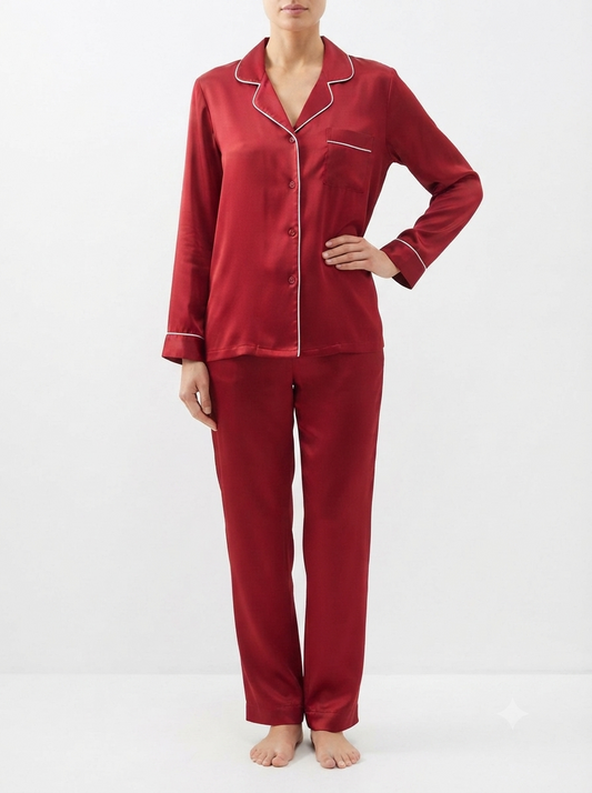 Nudra Satin Nightwear Set notch collar detail - Nudra Pakistan