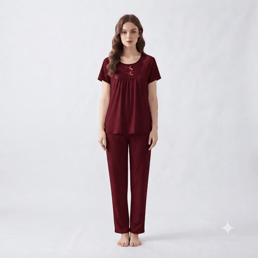 Maroon Weiernisi Malai Suit Cotton Pajama Set with Lace detail - Nudra Pakistan