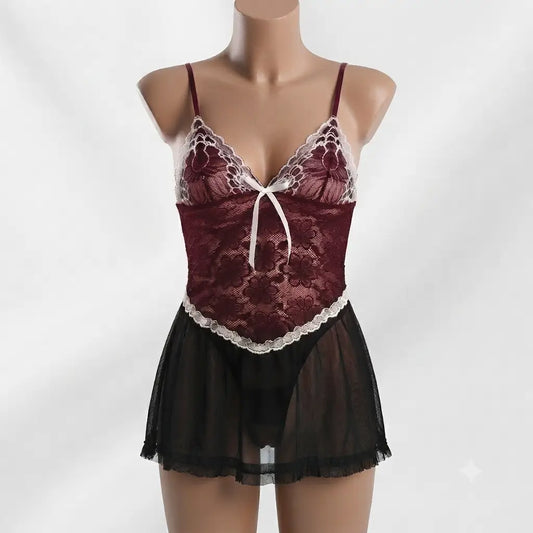 Burgundy Nudra Noir Lace Babydoll Nightdress sheer mesh skirt - Nudra Pakistan