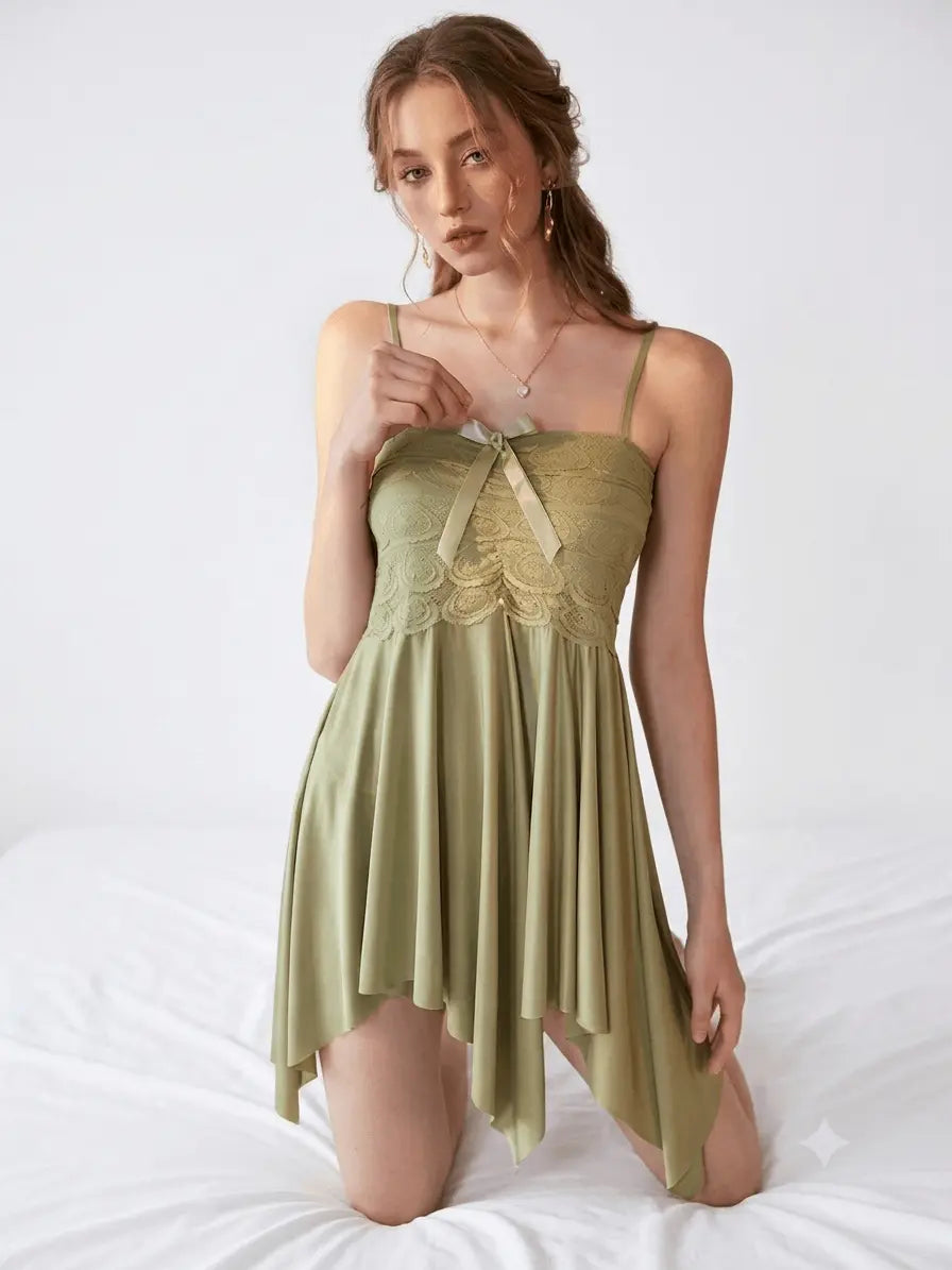 Olive Green Silky Nights Satin Lace Babydoll Nighty - Nudra Pakistan