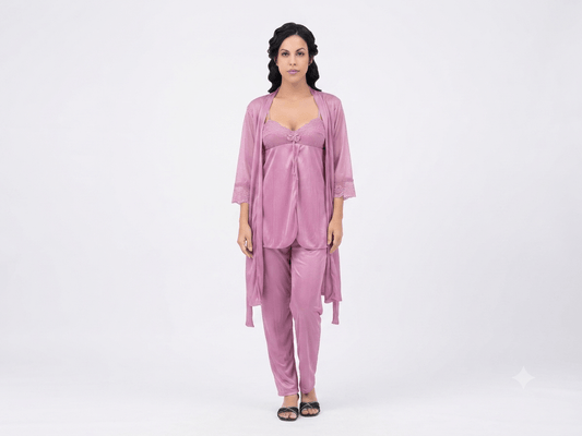 Pink Galaxy Silky Nightwear 3-Piece Set robe nighty pants - Nudra Pakistan