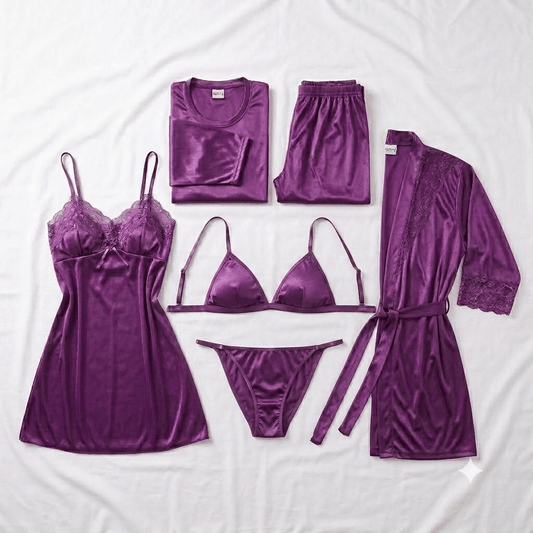 Purple Galaxy Nightwear 6-Piece Robe Set - Nudra Pakistan