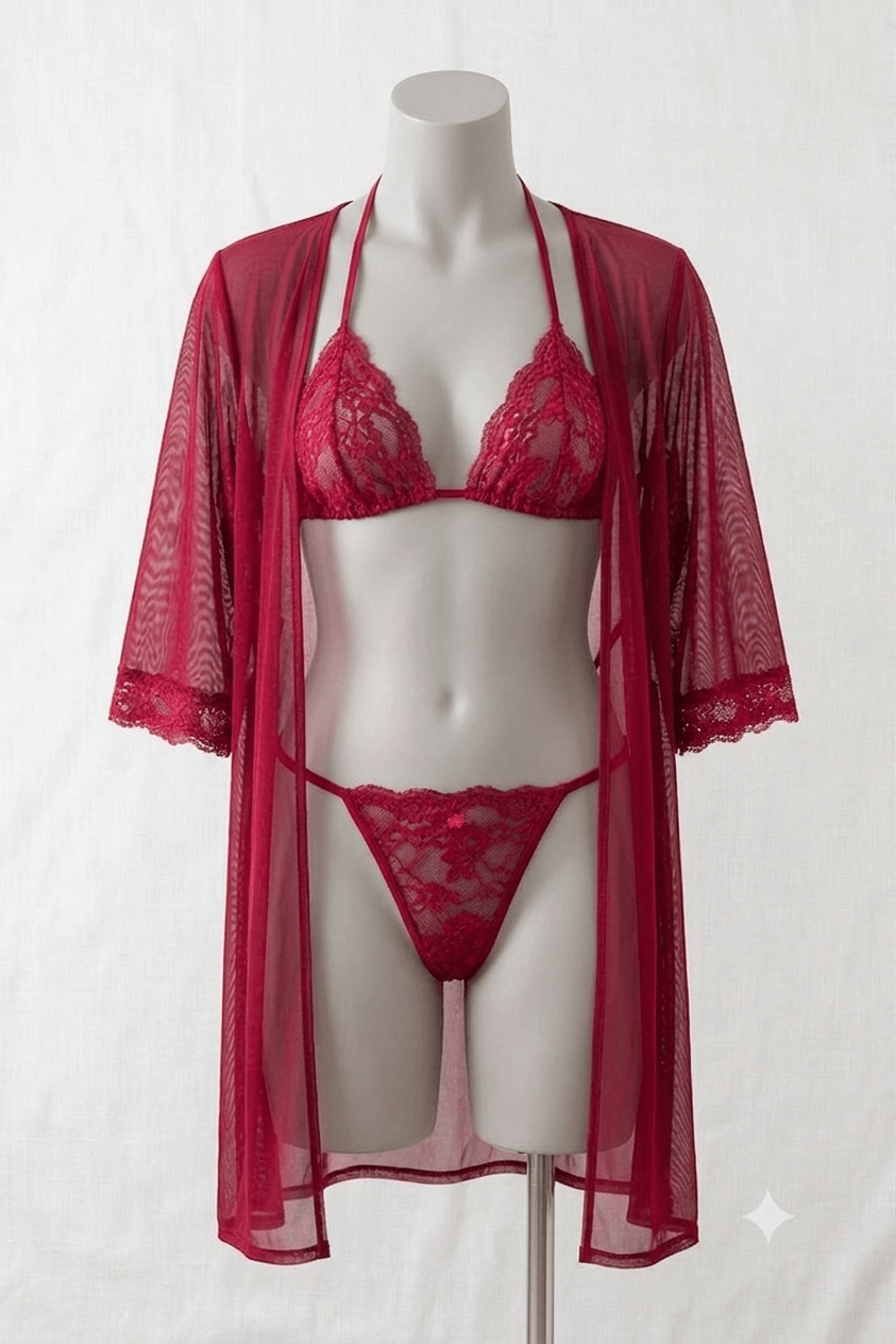 Red 3 Pcs Nightwear Set satin robe lace bra panty - Nudra Pakistan