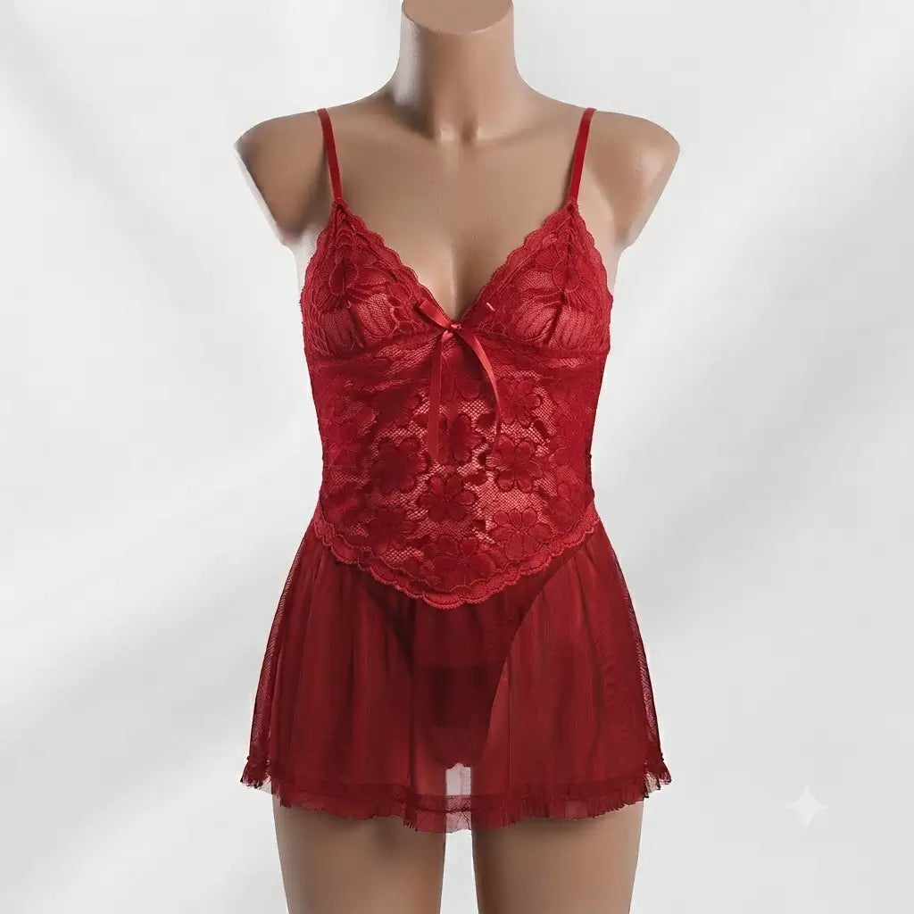 Red Nudra Noir Lace Babydoll Nightdress sheer mesh skirt - Nudra Pakistan