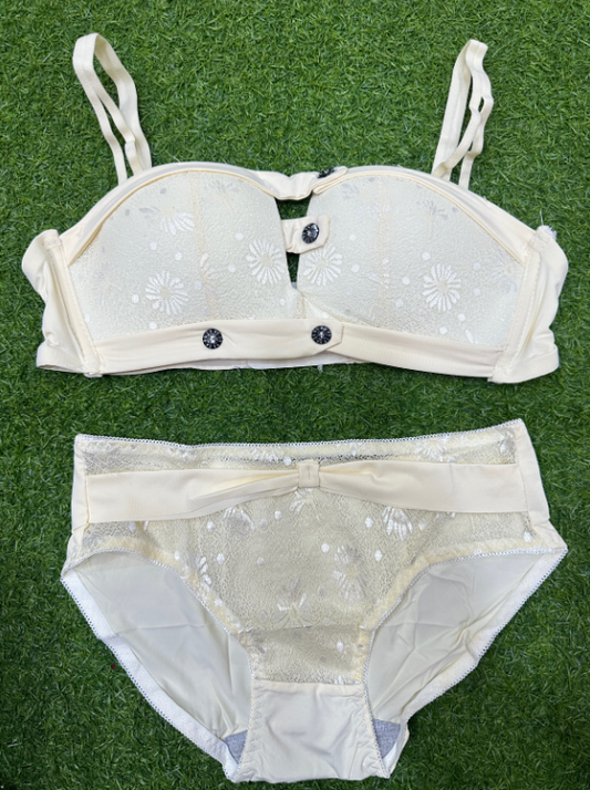 Daisy Embroidered Bandeau Bra & Brief Set — Rhinestone Button Detail