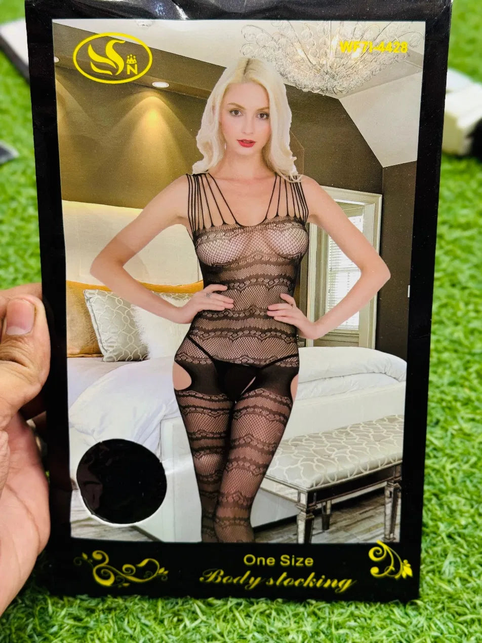 Lace Band Net Body Stocking with Strappy Shoulders, Free Size