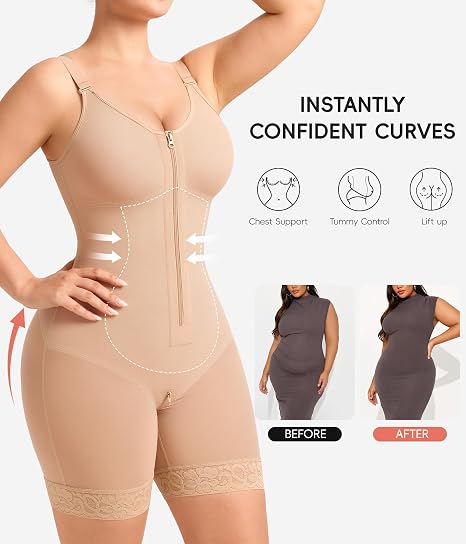 Full Body Shaper with Front Zip & Lace Trim