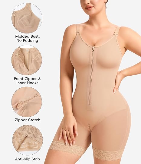Full Body Shaper with Front Zip & Lace Trim