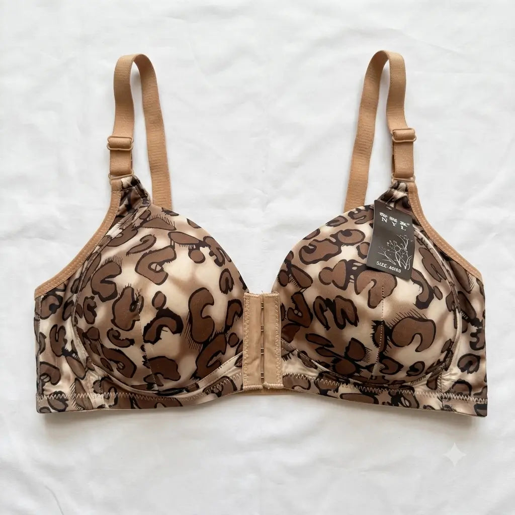 Beige Front Open Leopard Print Bra wired full coverage - Nudra Pakistan