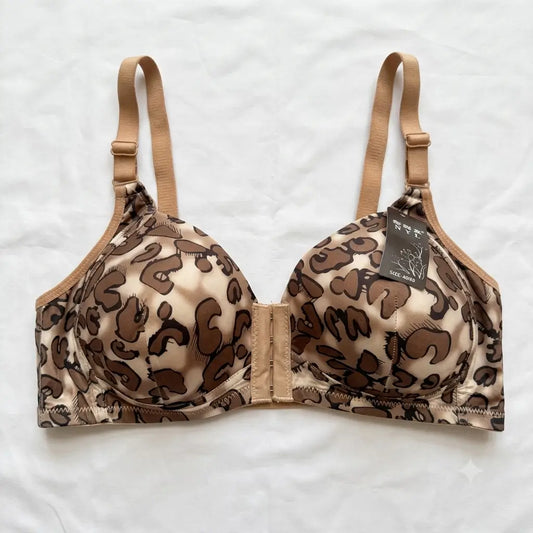 Beige Front Open Leopard Print Bra wired full coverage - Nudra Pakistan