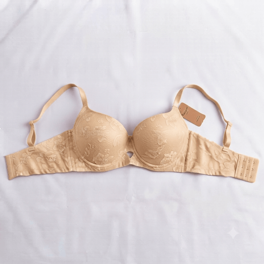 Beige Nudra Double Padded Push-Up Bra floral jacquard imported - Nudra Pakistan