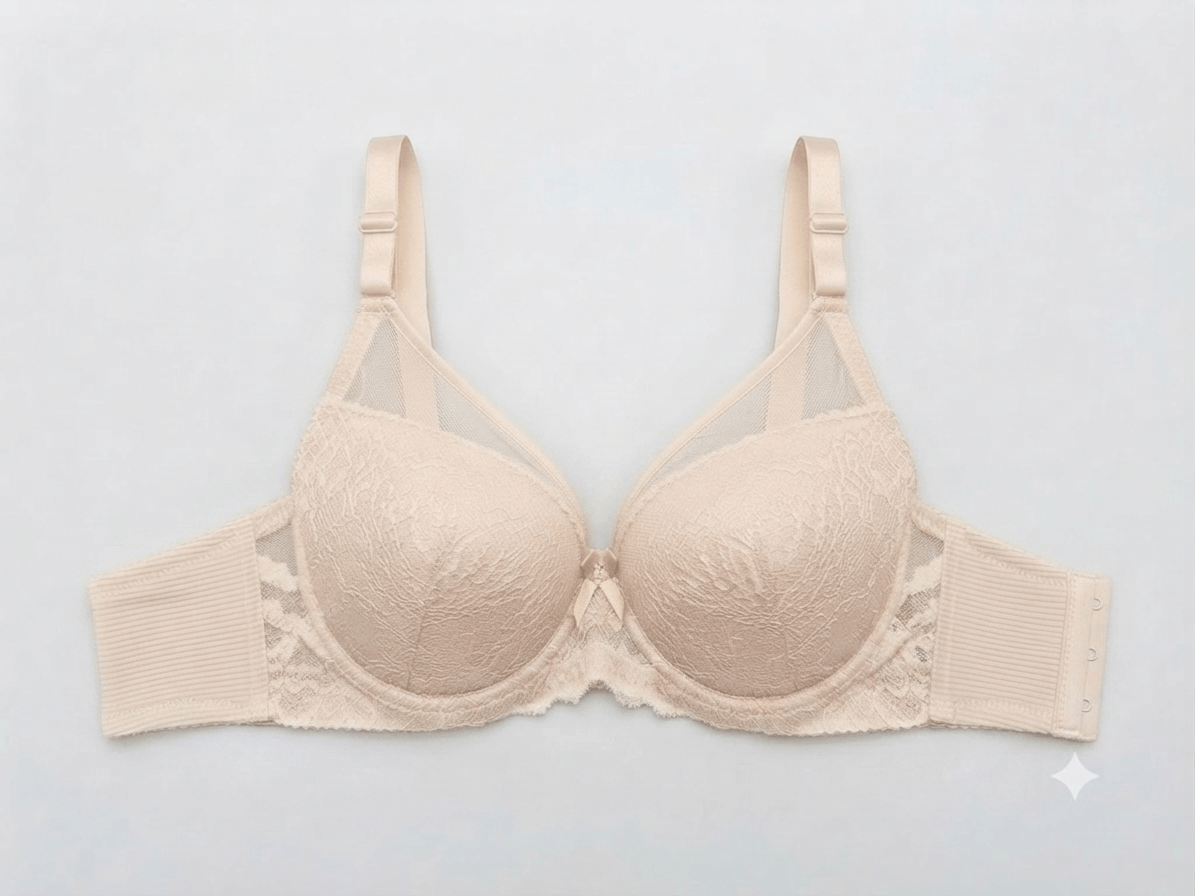 Beige Nudra Double Padded Ring Push-Up Bra imported lace - Nudra Pakistan