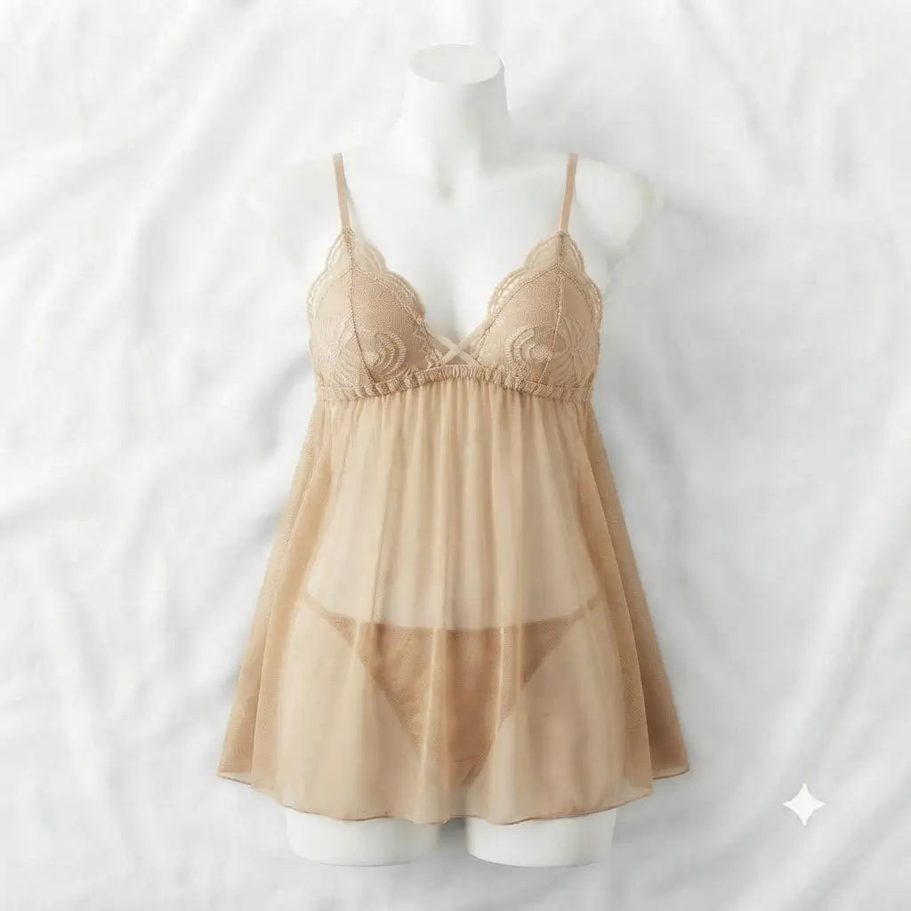 Beige Suki Nights Sheer Mesh Lace Babydoll Nighty - Nudra Pakistan