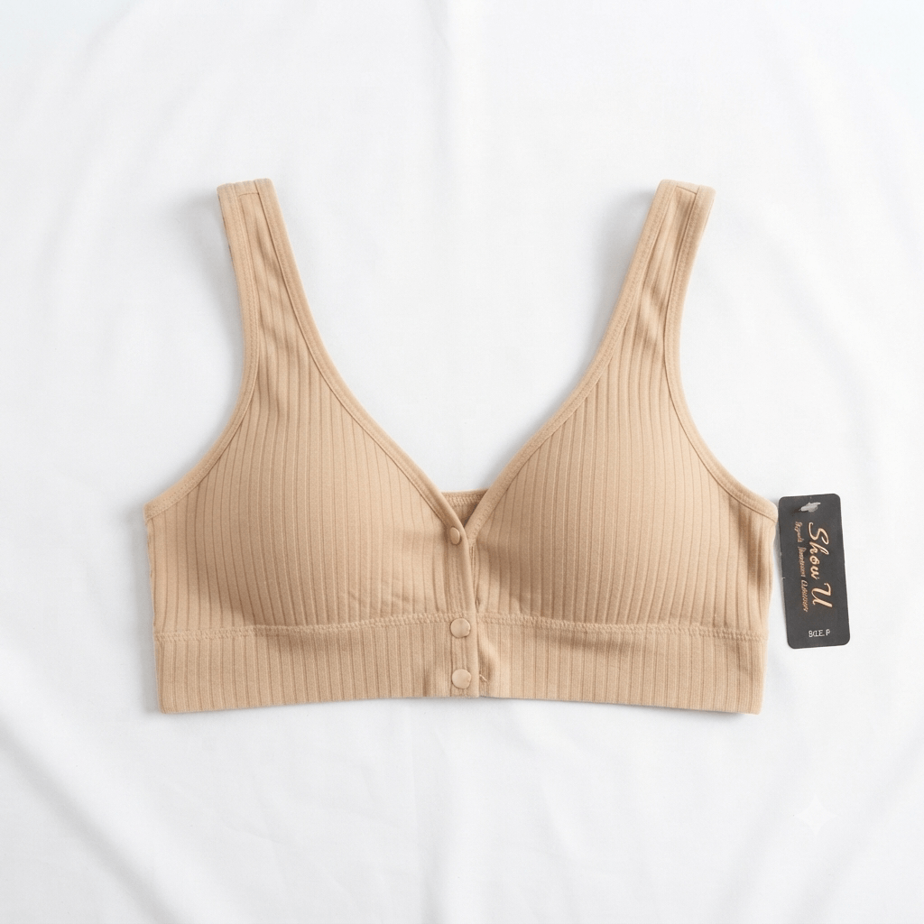 Beige ShowU Front Open Ribbed Lycra Bra non-wired bralette - Nudra Pakistan
