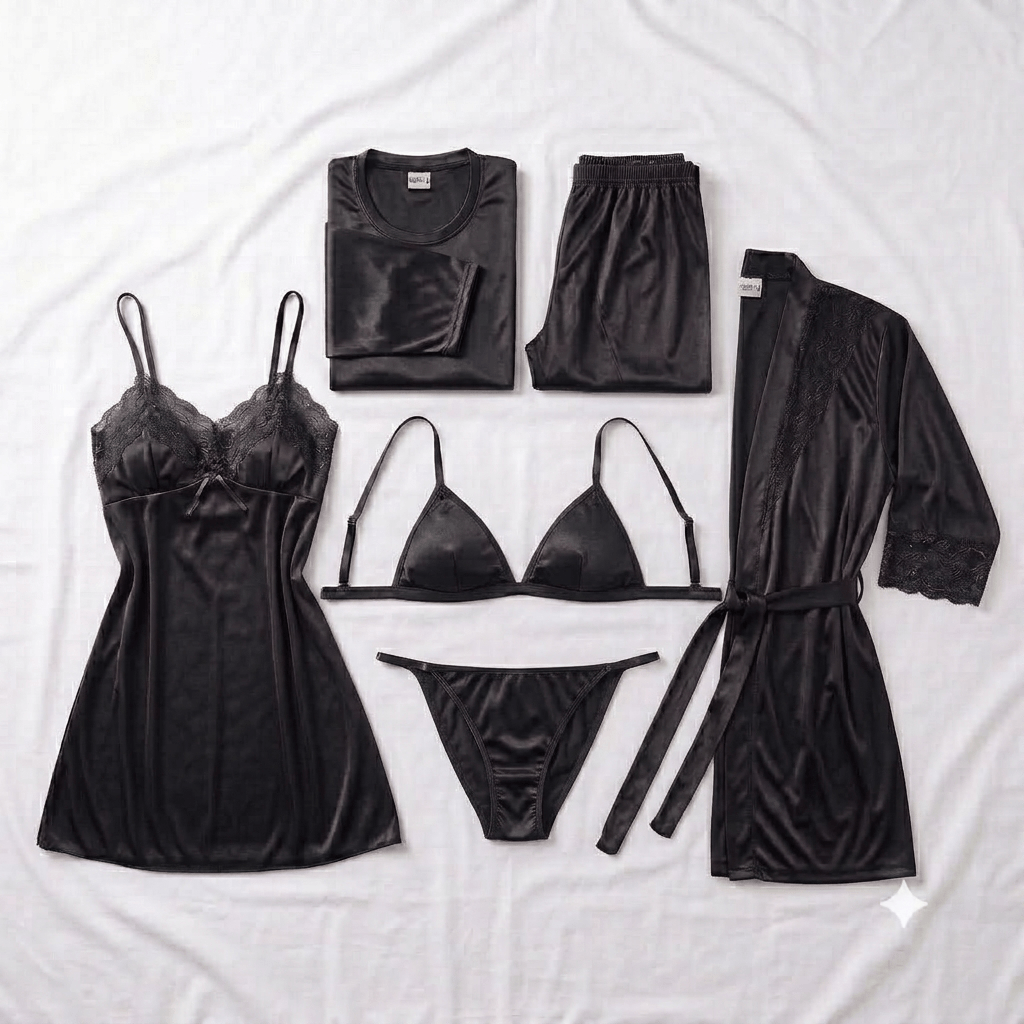 Black Galaxy Nightwear 6-Piece Robe Set - Nudra Pakistan