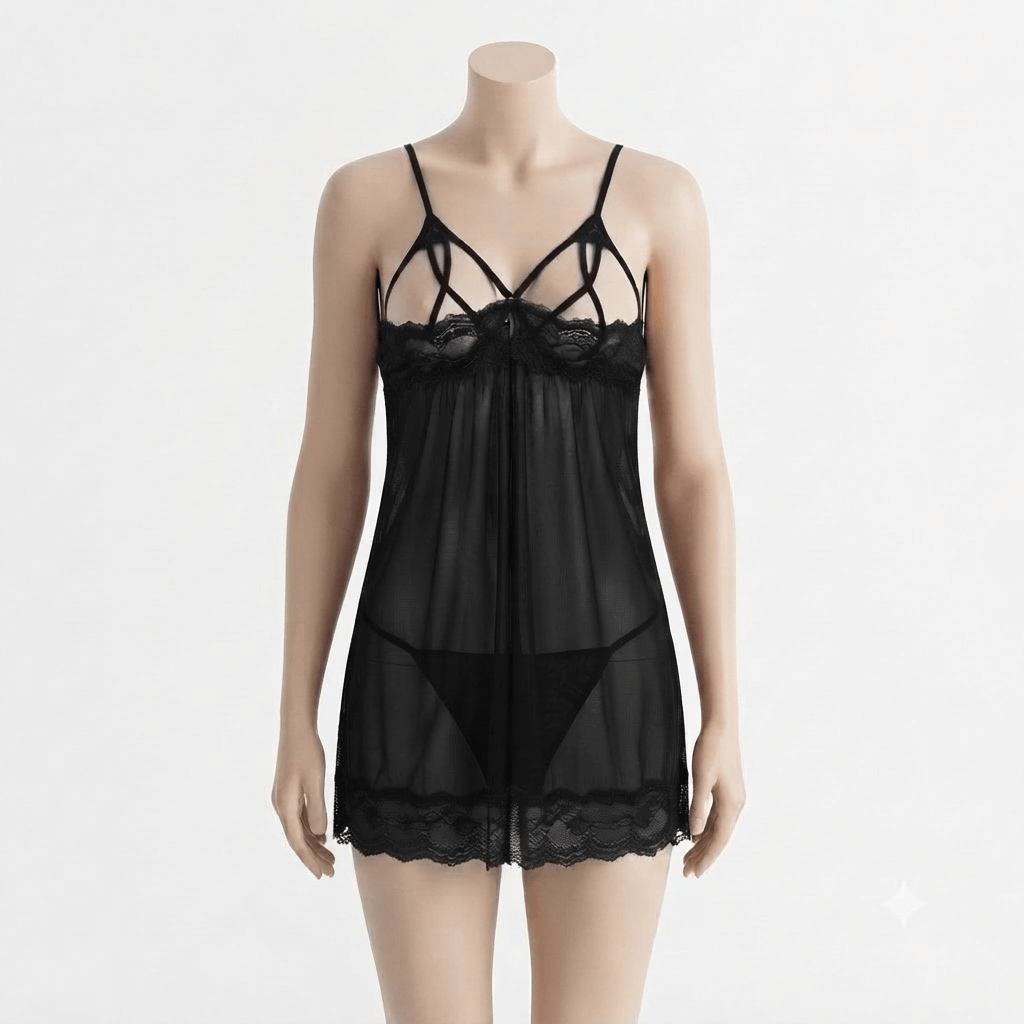 Black Babydoll Lace Cross-Strap Detail Sheer Maxi Robe - Nudra Pakistan