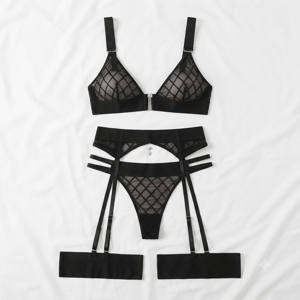 Black Diamond Mesh Bra and Garter Belt Set - Nudra Pakistan
