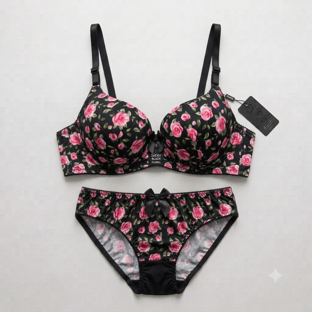 Floral Rose Print Padded Bra & Panty Set — Non-Wired Comfort Innerwear