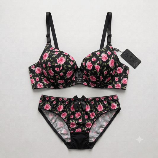 Floral Rose Print Padded Bra & Panty Set — Non-Wired Comfort Innerwear
