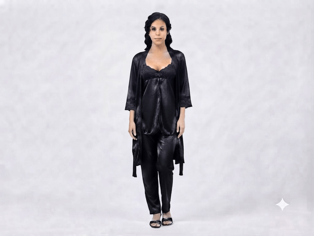 Black Galaxy Silky Nightwear 3-Piece Set robe nighty pants - Nudra Pakistan
