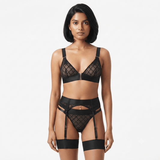 Black Diamond Mesh Bra and Garter Belt Set styled model - Nudra Pakistan