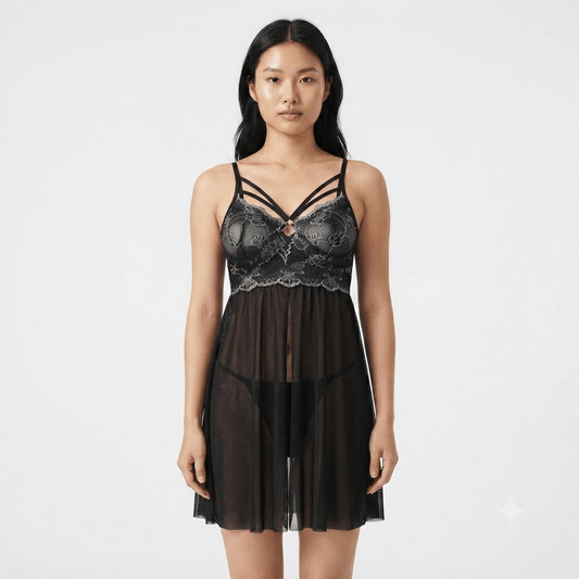 Black Yanni BT Strappy Lace Babydoll styled model - Nudra Pakistan