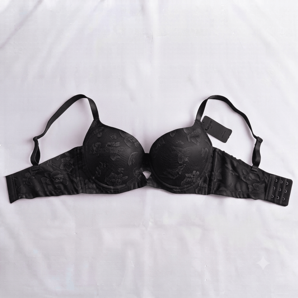 Black Nudra Double Padded Push-Up Bra floral jacquard imported - Nudra Pakistan