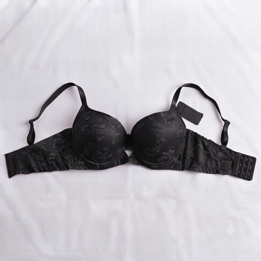 Black Nudra Double Padded Push-Up Bra floral jacquard imported - Nudra Pakistan