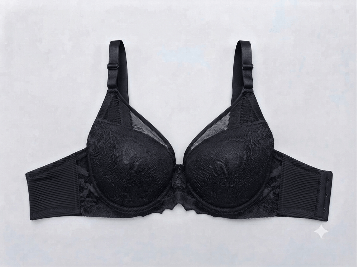 Black Nudra Double Padded Ring Push-Up Bra imported lace - Nudra Pakistan