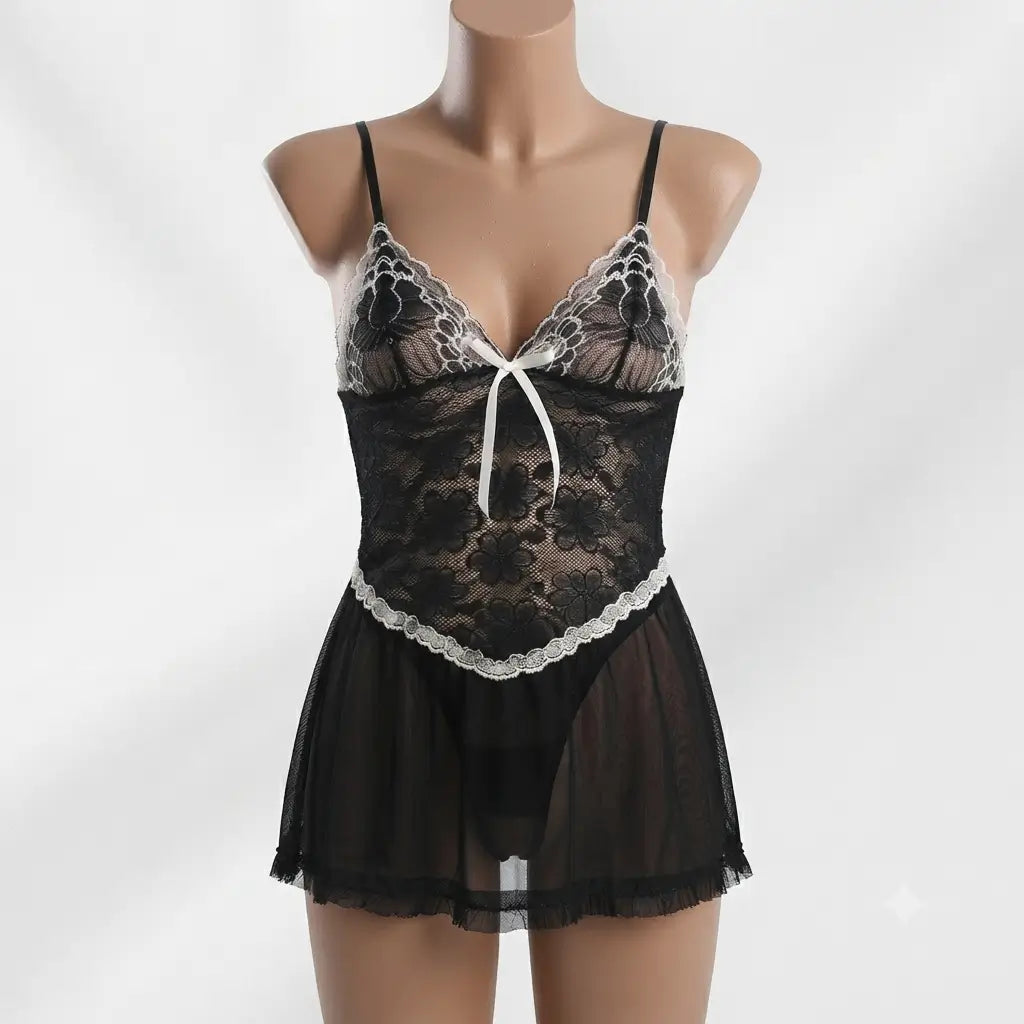 Black Nudra Noir Lace Babydoll Nightdress sheer mesh skirt - Nudra Pakistan
