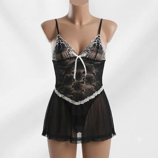 Black Nudra Noir Lace Babydoll Nightdress sheer mesh skirt - Nudra Pakistan
