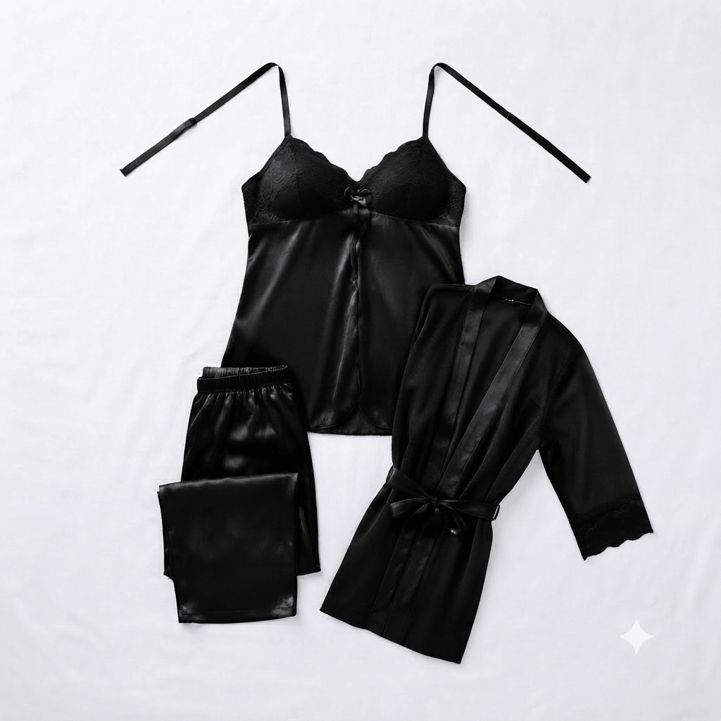 Black Galaxy Silky Nightwear 3-Piece Set styled photo - Nudra Pakistan