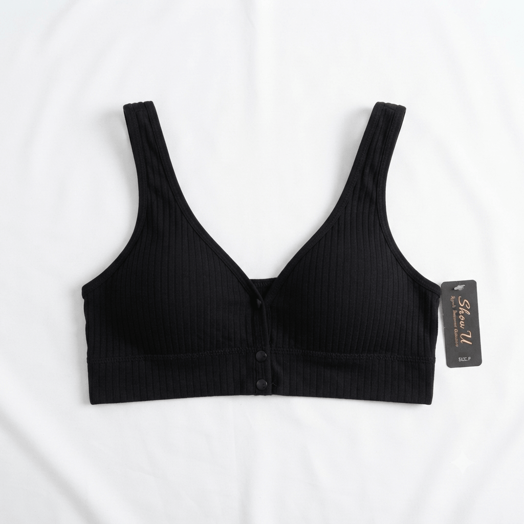 Black ShowU Front Open Ribbed Lycra Bra non-wired bralette - Nudra Pakistan