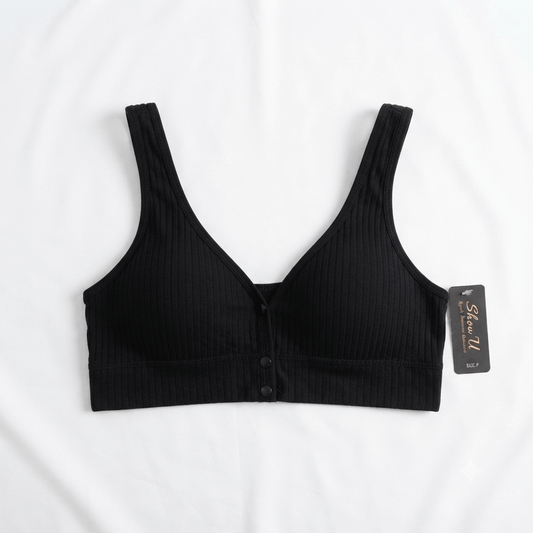 Black ShowU Front Open Ribbed Lycra Bra non-wired bralette - Nudra Pakistan