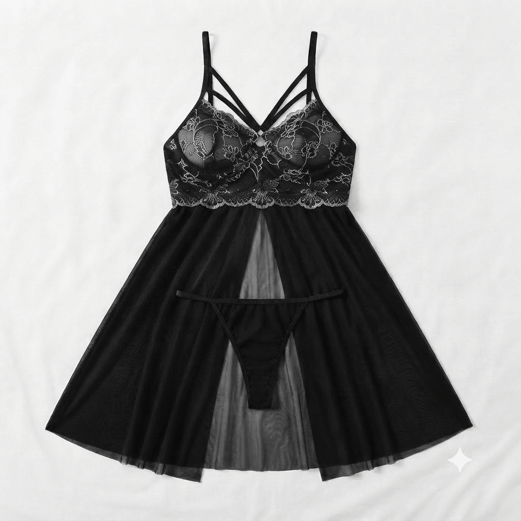 Black Yanni BT Strappy Lace Babydoll Sheer Maxi Skirt - Nudra Pakistan