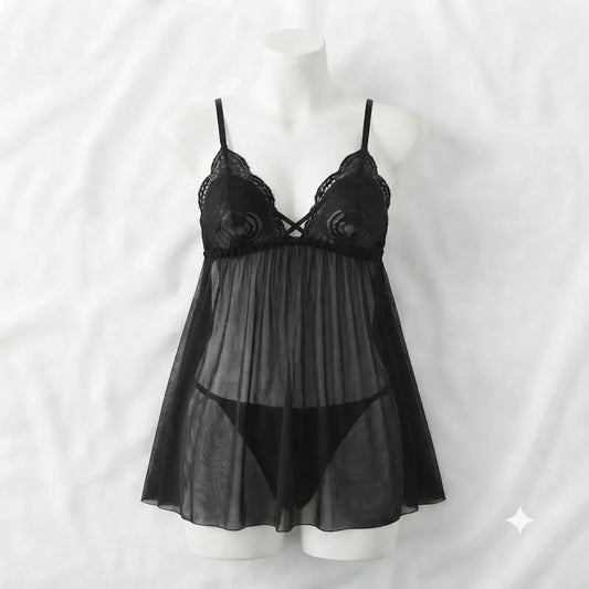 Black Suki Nights Sheer Mesh Lace Babydoll Nighty - Nudra Pakistan