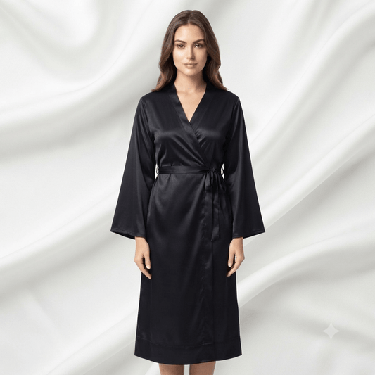 Black Two Hearts Satin Kimono Robe Lace Panty Set - Nudra Pakistan