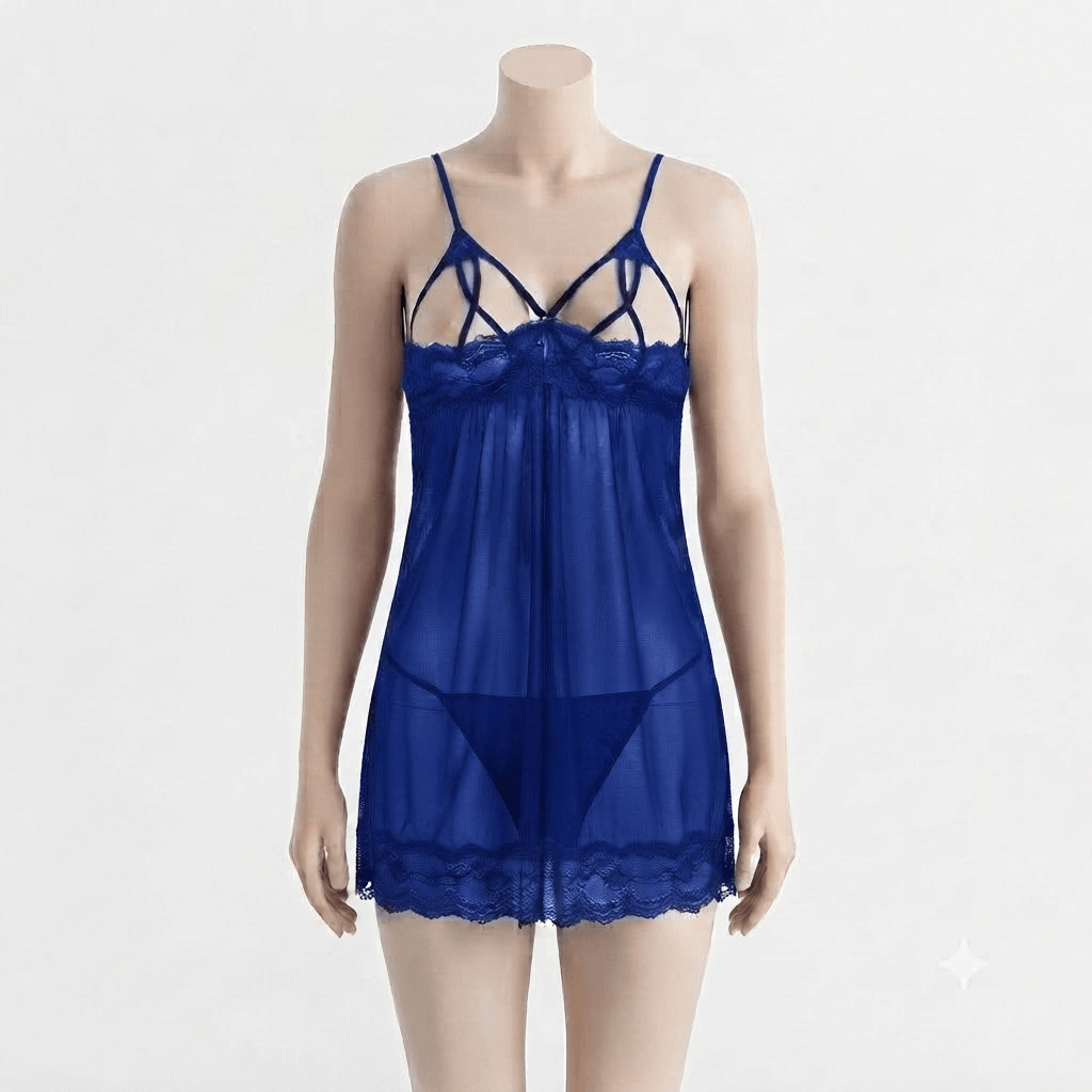 Blue Babydoll Lace Cross-Strap Detail Sheer Maxi Robe - Nudra Pakistan