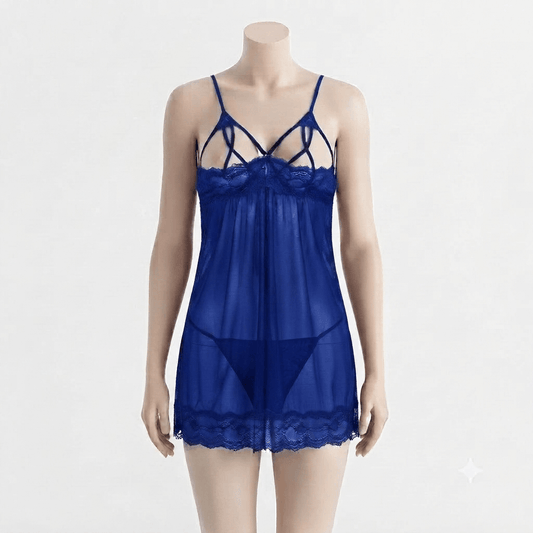 Blue Babydoll Lace Cross-Strap Detail Sheer Maxi Robe - Nudra Pakistan