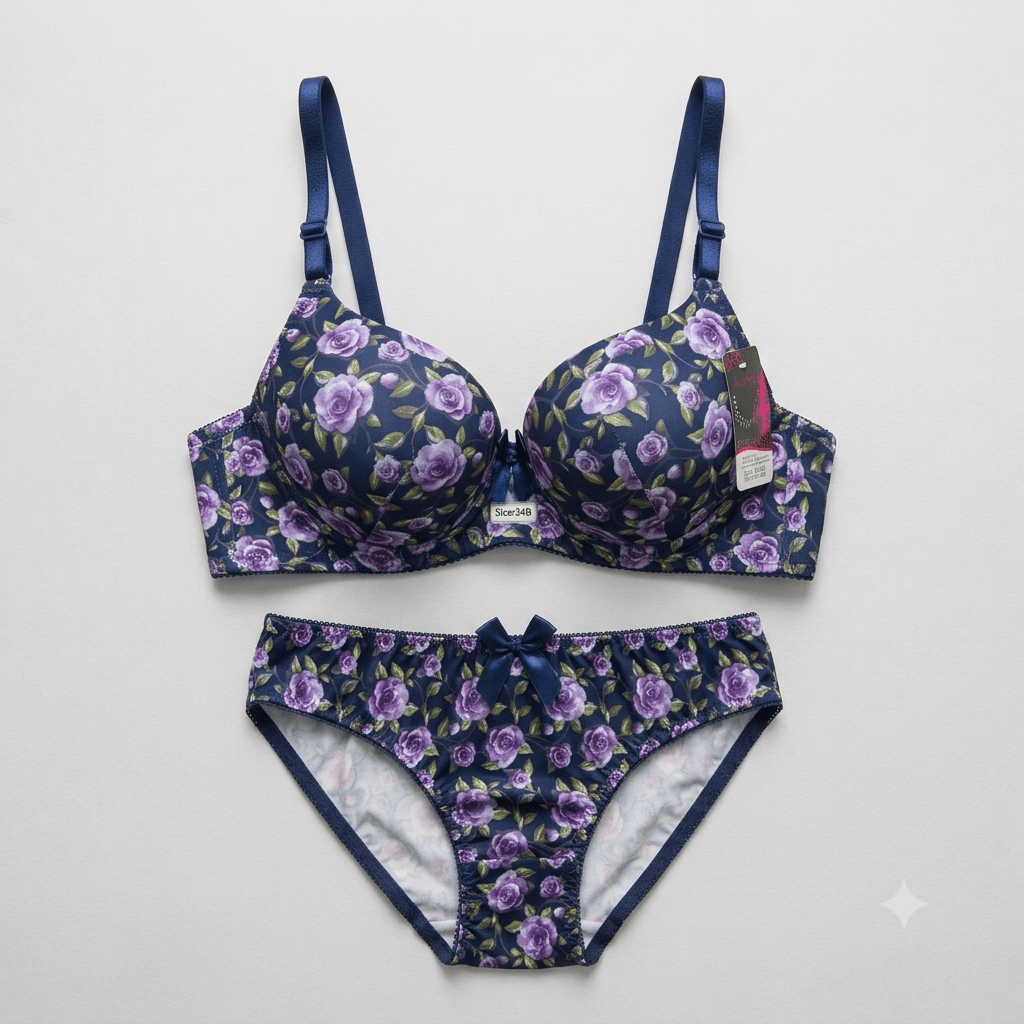 Floral Rose Print Padded Bra & Panty Set — Non-Wired Comfort Innerwear