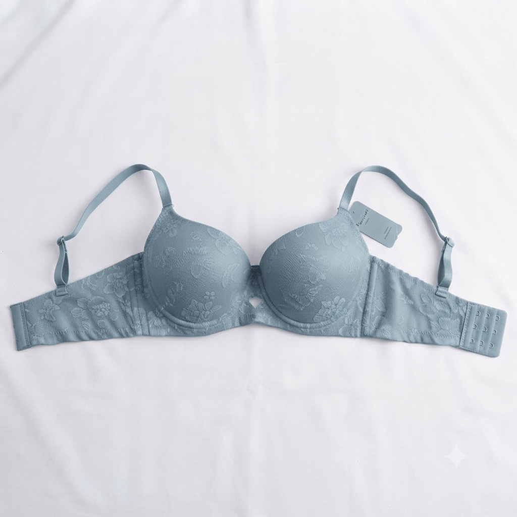 Blue Nudra Double Padded Push-Up Bra floral jacquard imported - Nudra Pakistan