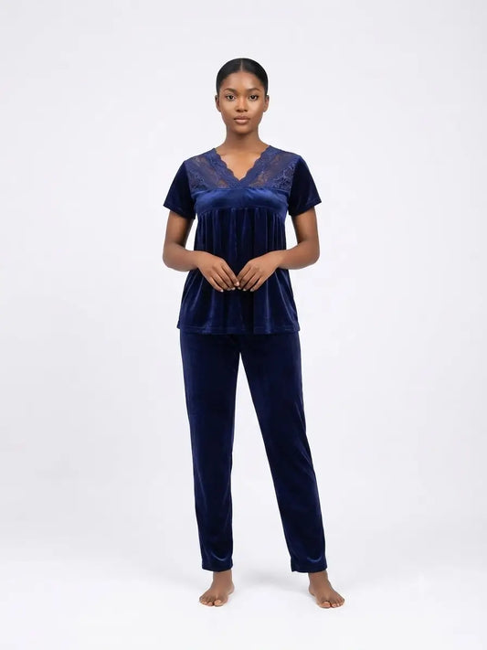 Blue Two Hearts Night Wear Velvet Silk Top Pajama Set - Nudra Pakistan