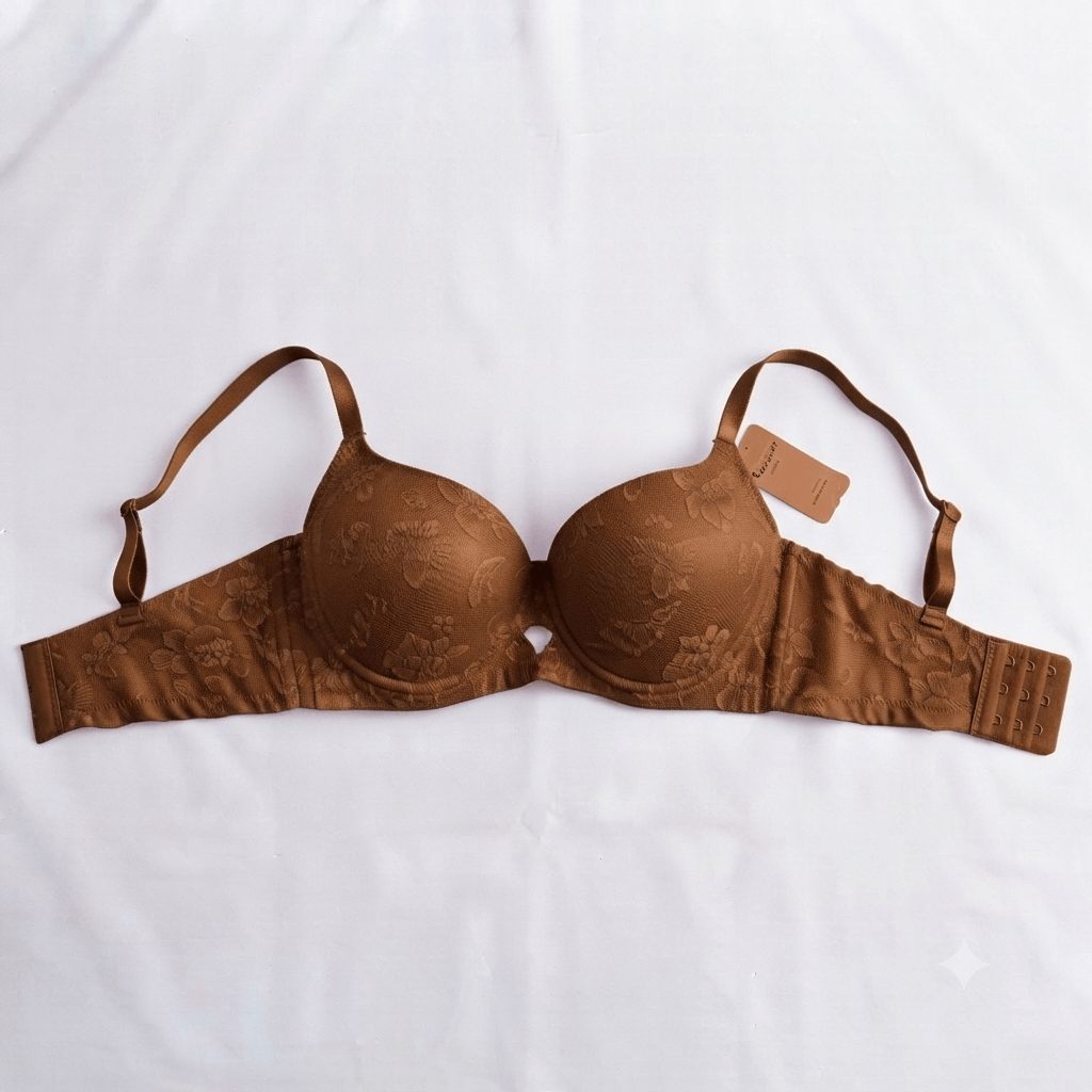 Brown Nudra Double Padded Push-Up Bra floral jacquard imported - Nudra Pakistan