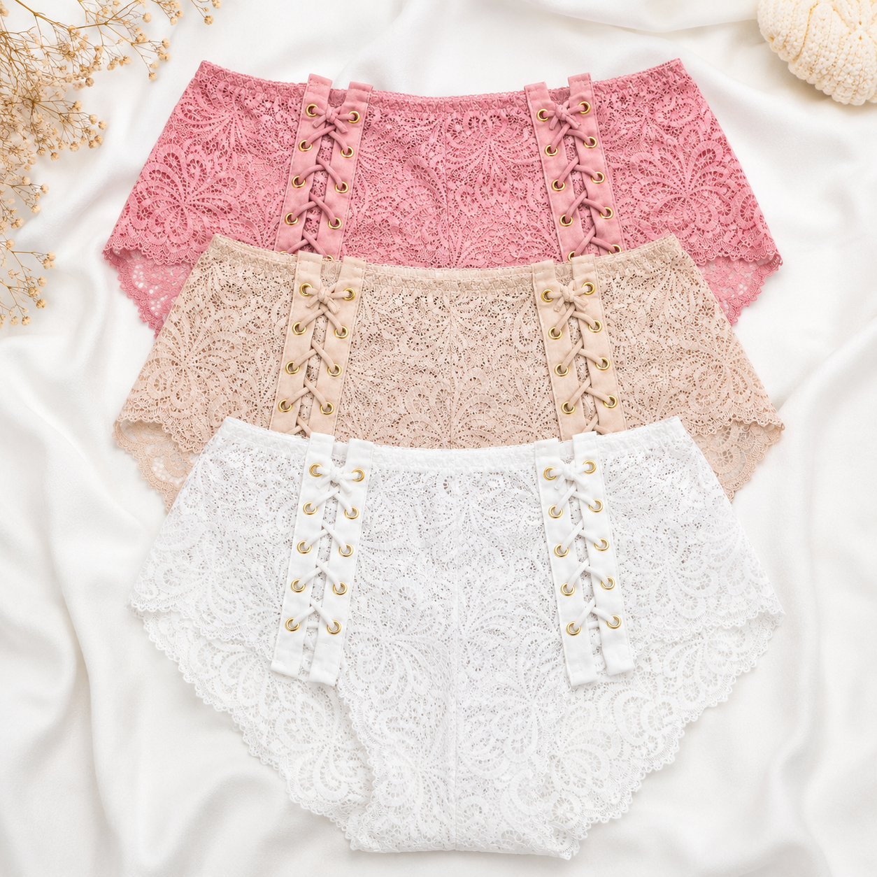 Nudra Lace Corset-Front Panty Bundle pack of 3 light colors - Nudra Pakistan